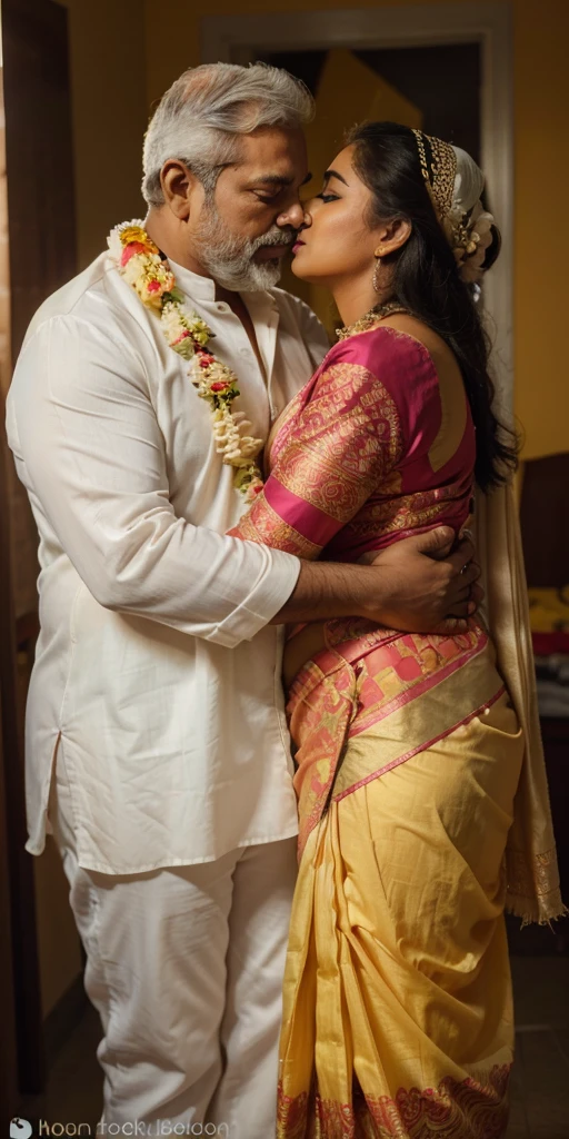 a 50-year-old shirtless man affectionately hugging and kissing aradiant, full-figured South Indian plus-sized 30 year old teacher wearing a cream silky saree in dressing room, captured in a full-body image with vibrant hues and meticulous details. Full body image