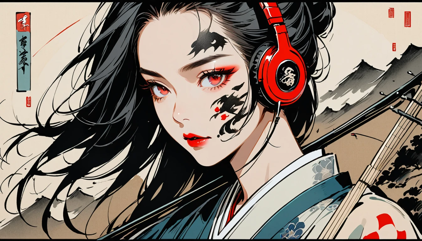 Ink Painting, (((1 person))), (((Tattoo on face))), (((Japanese String Instruments))), Japanese style headphones, Beautiful girl possessed by a demon, Black Hair, Red eyes, Delicate and precise, Modern ukiyo-e style