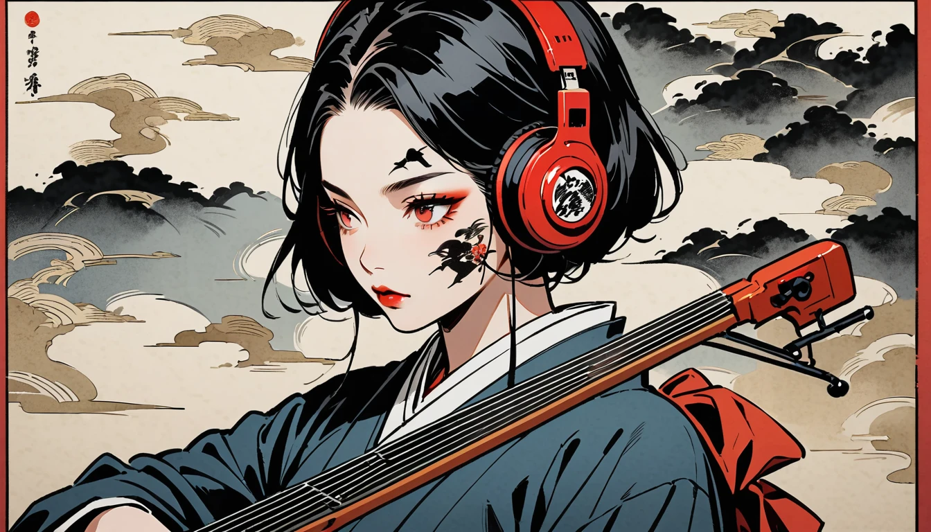 Ink Painting, (((1 person))), (((Tattoo on face))), (((Japanese String Instruments))), Japanese style headphones, Beautiful girl possessed by a demon, Black Hair, Red eyes, Delicate and precise, Modern ukiyo-e style
