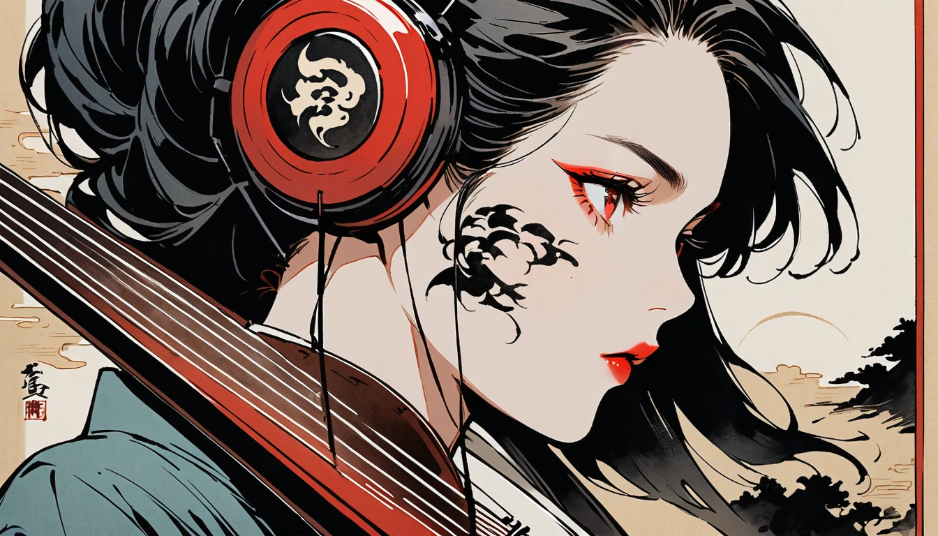 Ink Painting, (((1 person))), (((Tattoo on face))), (((Japanese String Instruments))), Japanese style headphones, Beautiful girl possessed by a demon, Black Hair, Red eyes, Delicate and precise, Modern ukiyo-e style