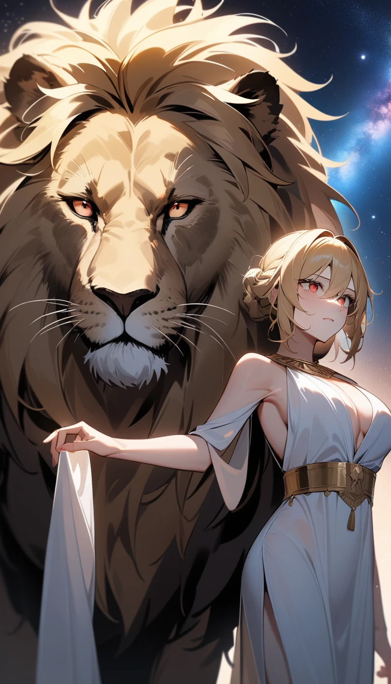 (Huang Li、high quality、Extremely detailed),Constellation - Goddess Leo,Giant lion,Woman petting a lion,Similar to Latin goodness,brave,capricious,Productivity,The face of enterprising and humanitarianism,Blonde hair,Ancient Greek costumes、Wrap Dress,The background is the Milky Way,Crystal red eyes(Eyes Details),Powerful appearance