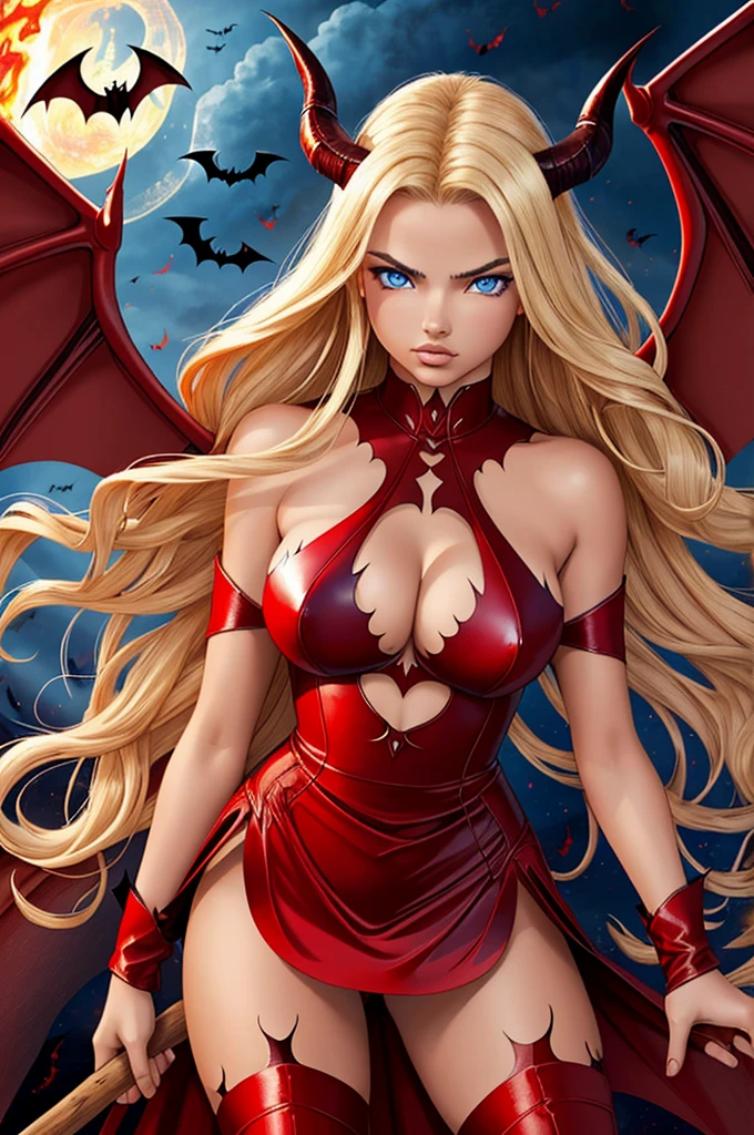  Adriana Lima, ultra detailed face, ultra detailed blue eyes, long blonde hair, fire, hell, demon, horns, (red dress, skirt), (((masterpiece, large bat wings)))