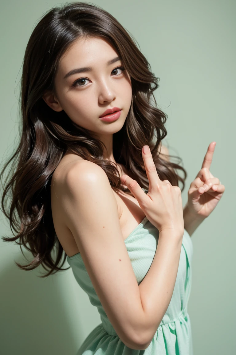 (nude)Wavy long hair, Brown Hair, One girl, Emerald Eyes, Shake with two fingers, Pink Lips, Pastel Green Dress,