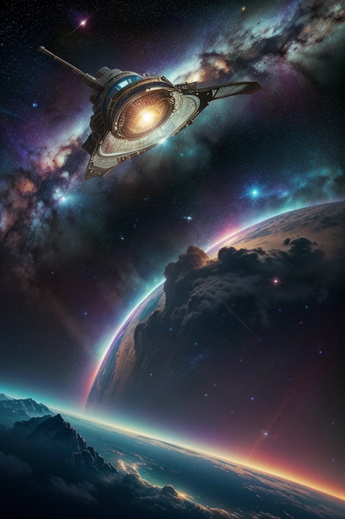 Create a high-resolution wallpaper depicting an epic space exploration scene. Include a majestic view of a spaceship navigating through a nebula with vibrant colors and intricate details. The background should feature distant galaxies, stars, and a planet with rings, evoking a sense of wonder and adventure in the vast cosmos."
