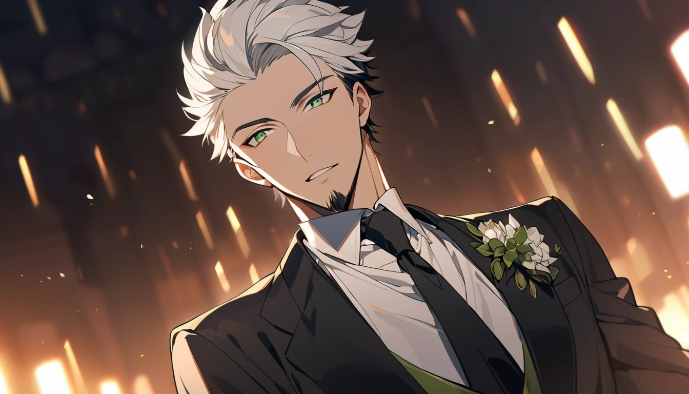 1 boy, male focus, Intricate details, 1 man, handsome, white hair, vibrant green eyes, slim muscles, anime, 19 years old, 19 years old, a small goatee,(the character is wearing an elegant black suit, going to a party)
