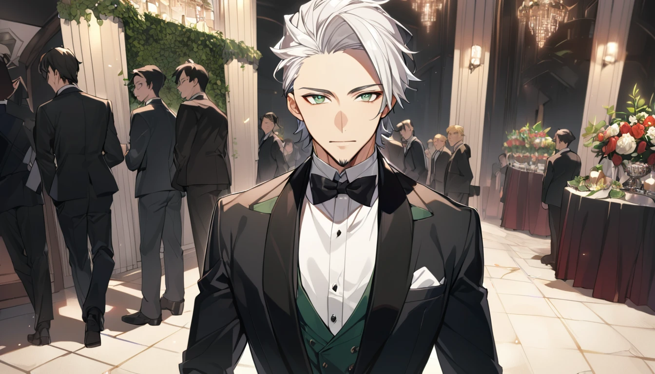 1 boy, male focus, Intricate details, 1 man, handsome, white hair, vibrant green eyes, slim muscles, anime, 19 years old, 19 years old, a small goatee,(the character is wearing an elegant black suit, going to a party)