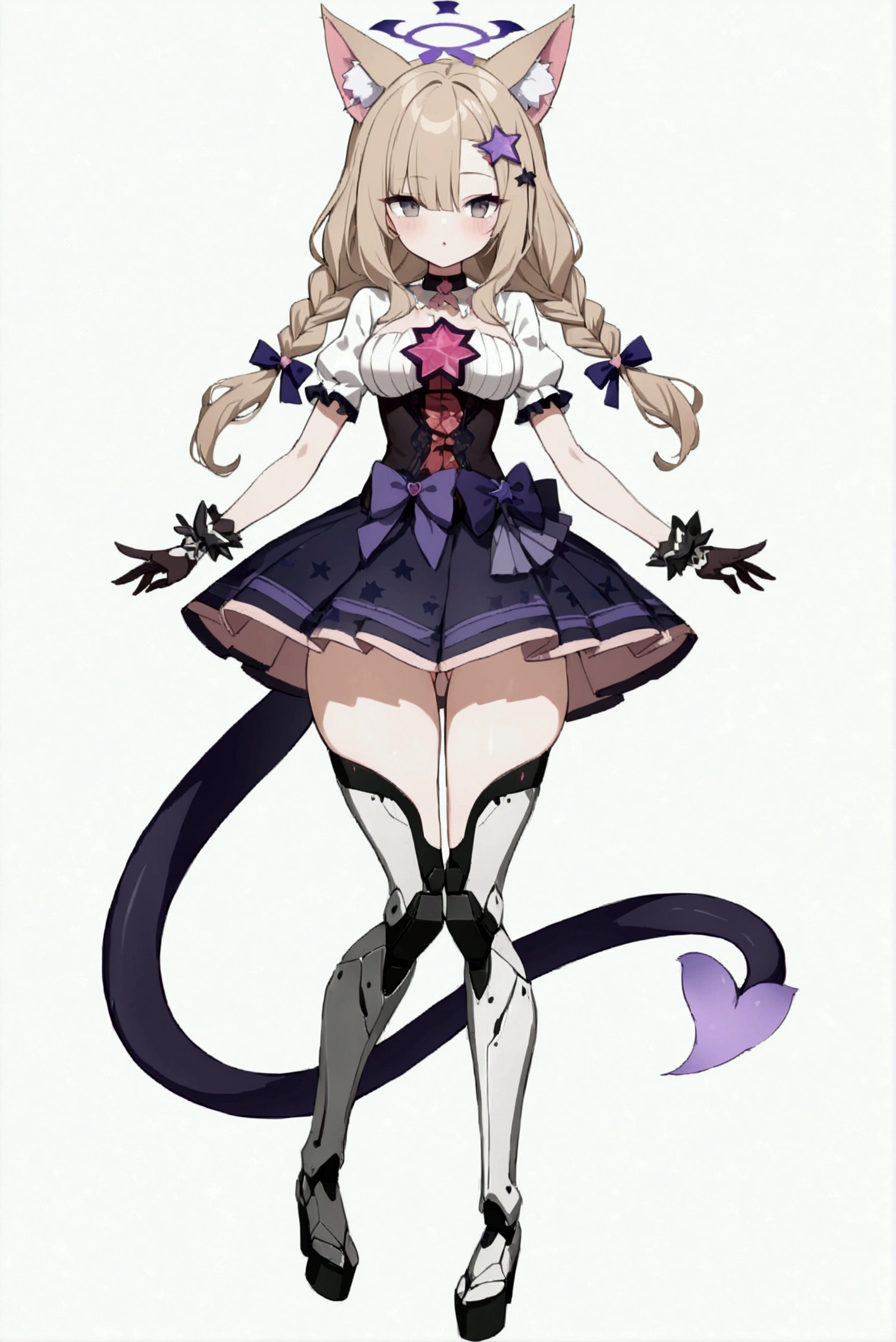 woman 170 cm tall, medium chest, wide hip, slim build, charming look, ((whole body)), (((character design sheet: front view))), (dark blonde hair, ((hip length wavy hair, asymmetrical bangs, star hairpin)), (She has a short braid tied with an elegant purple ribbon on the left side of her hair above her chest), (She has a short braid tied with an elegant purple ribbon on the right side of her hair above her chest), She has small hair bows in the back of her hair), ((Gray eyes with a pink 4-pointed star in the pupil)), (Two black and purple fox ears located on the top of the head), (Luminous black horizontal halo with purple star patterns above head), He has a black collar with a heart emblem on his neck., (Elegant long one piece dress, Thigh-length lace and ruffle skirt, large bow at the back of the hip, ribbon decorations and star patterns on the dress), black ruffled gloves, Black platform heels, gray belt at the waist with a large ribbon with a luminous pink heart in the middle, ((It has a detailed succubus tail that ends in the shape of a purple heart)), (((It has complex mechanical legs that reach up to the thighs and are black with small purple details.))), beautiful detailed hair, beautiful detailed dress, extremely detailed arms, extremely detailed face, small face, Beautiful detailed eyes, beautiful detailed lips, adorable, extremely detailed legs, (Best Quality, 4k, high resolution), ultra detailed, Exquisite and epic character art, ((White background)), (Focus on symmetry).