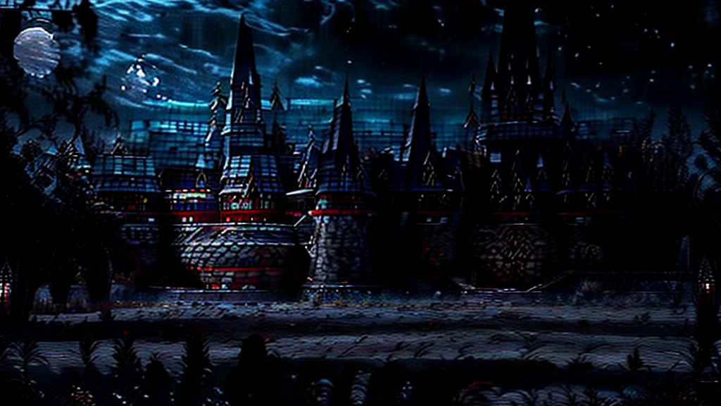 a castle on the hill, tall towers, a massive gate, it is night time, moon is red, haunting dark style, best quality, ultra realistic