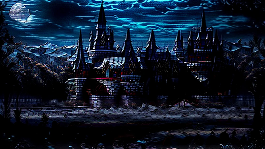 a castle on the hill, tall towers, a massive gate, it is night time, moon is red, haunting dark style, best quality, ultra realistic