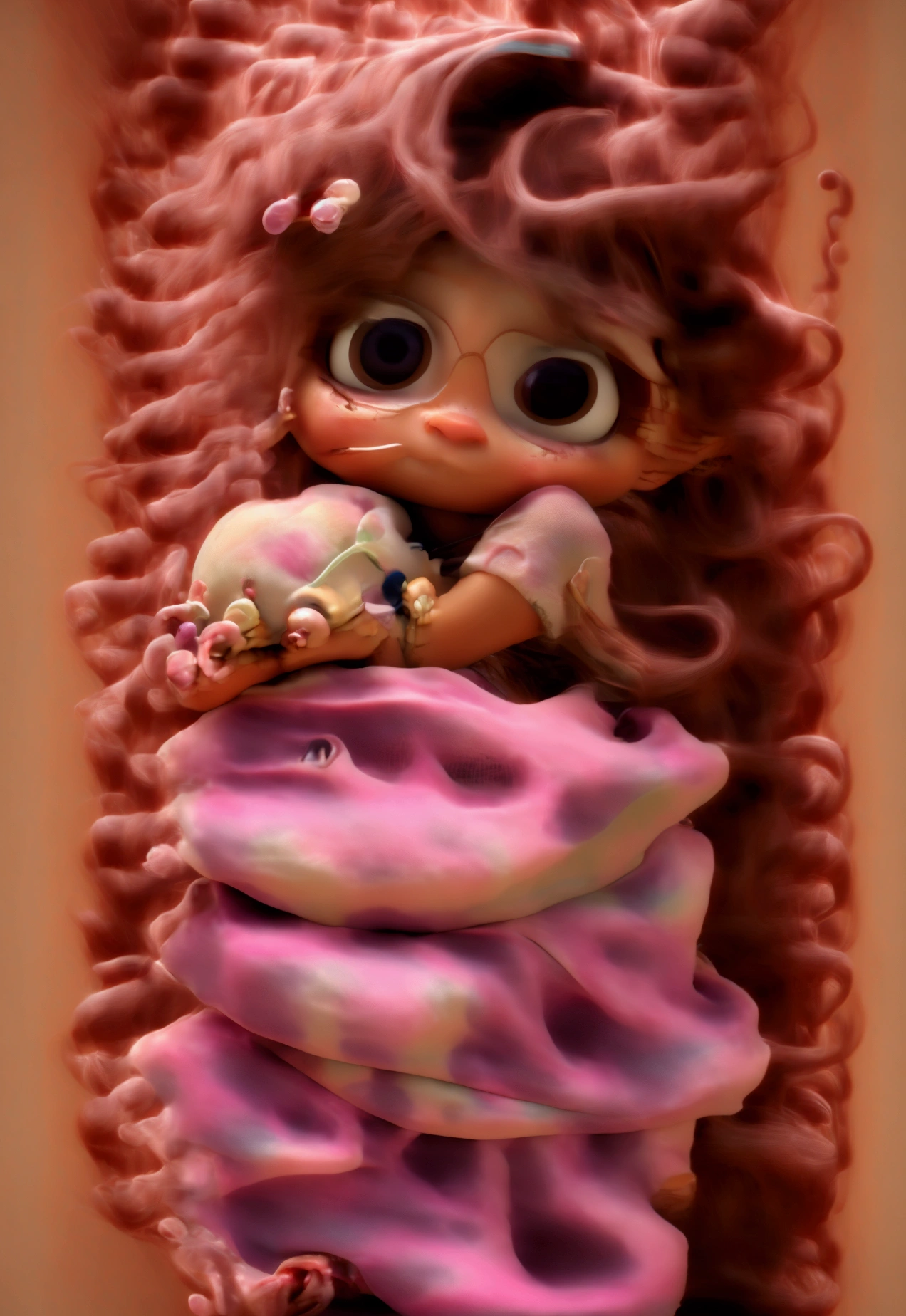 chibi baby fairy 8k, highy detailed, beautiful girl, baby dressed as a chibi fairy, , in a beautiful forest Cover art, hair decorated with flowers , pink tulle dress, pink sneakers with flowers , balance, sanguine, curly brown hair, very short with defined curls. fairy powder, One-year-old baby, with blue and pink fairy wings