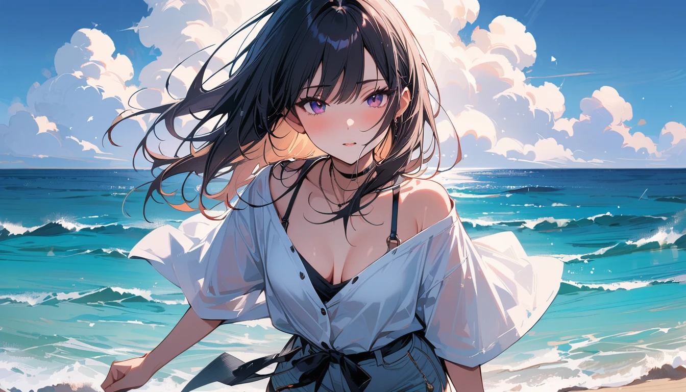 (masterpiece, Highest quality:1.2), 1 Girl, alone,Eyes open,Are you having fun,Tropical atmosphere,Ocean,Healed