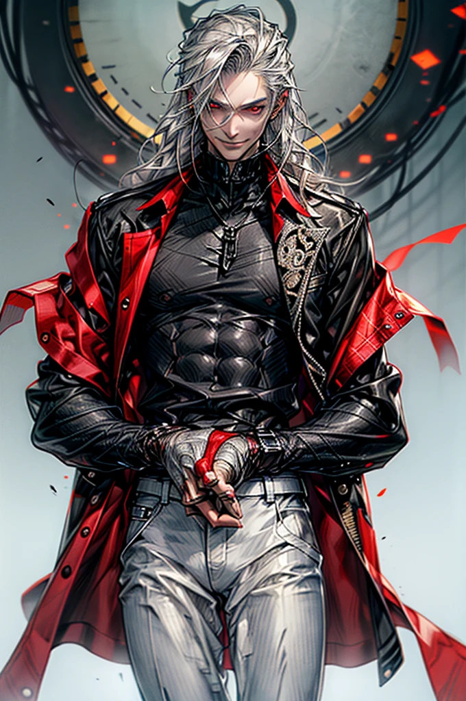 ((masterpiece:1.2, best quality, ultra detailed, absurdres, perfect anatomy, perfect hands)), (((1 man))), long silver hair, red eyes, whiteskin tone, white shirt, black pants, creepy smile,