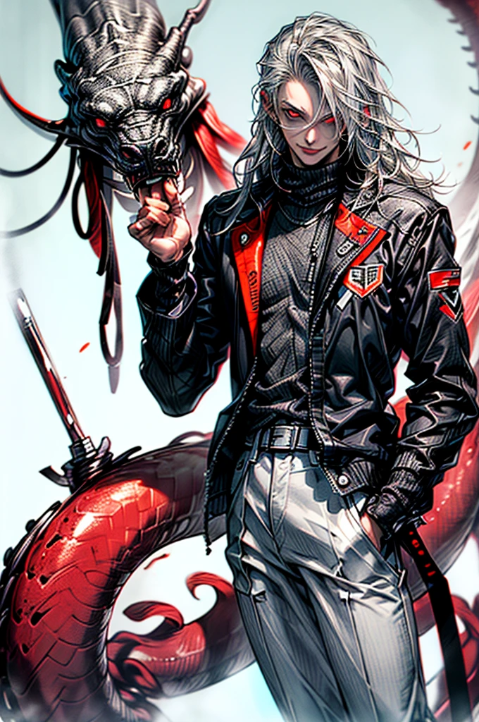 ((masterpiece:1.2, best quality, ultra detailed, absurdres, perfect anatomy, perfect hands)), (((1 man))), long silver hair, red eyes, whiteskin tone, white shirt, black pants, creepy smile,