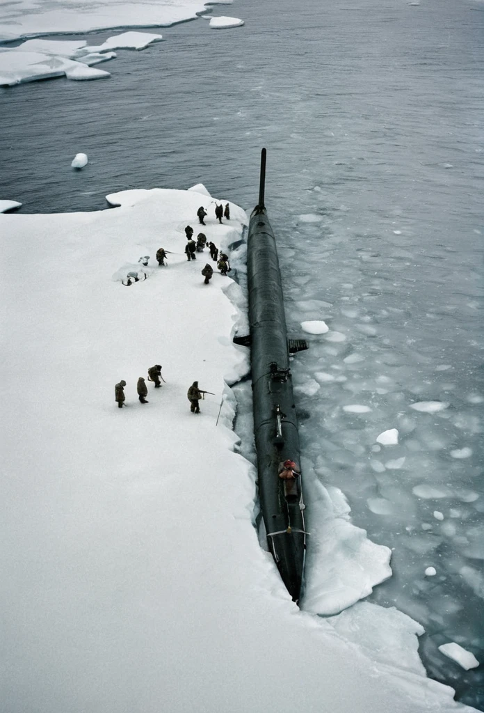 Aerial shot, WW2, historical, Soldiers in Arctic gear unloading equipment from a submarine onto an icy shore