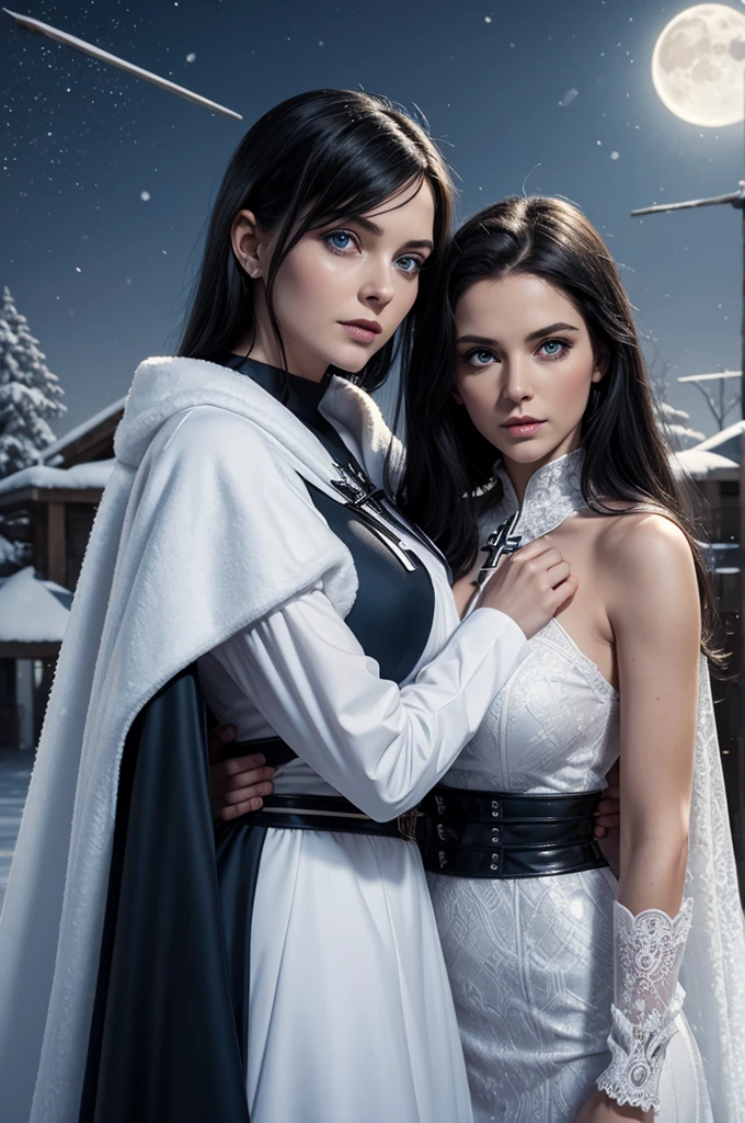 mother and daughter break: mother, super villain, mature woman , black hair , blue eyes, detailed face , sexy, curvys, tall, white woman, dress with cape, desing with christian cross break: daughter, girl, very small breats, ager, 1.3, super villain, loliblack hair , blue eyes, detailed face ,dresing with christian cross , background in snow , moon behind