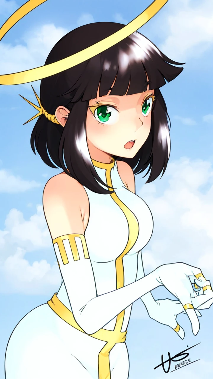 ((Quality illustration, Good resolution,)) a young woman in a tight dress against her white body with golden hisses, Big bust. A halo on the head Short black hair with bangs, gusbtes blsmcos