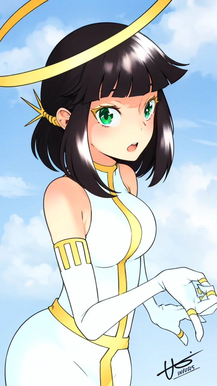((Quality illustration, Good resolution,)) a young woman in a tight dress against her white body with golden hisses, Big bust. A halo on the head Short black hair with bangs, gusbtes blsmcos