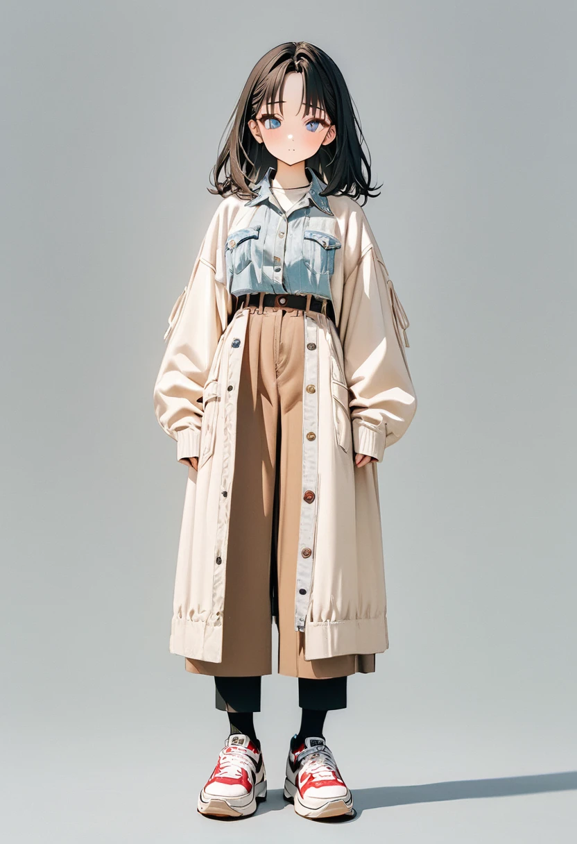 (Masterpiece, highest quality: 1.2, 8K), centered, full body, 1 girl, vintage fashion, simple sneakers, simple background, white background, beautiful eyes, open eyes, 20 years old