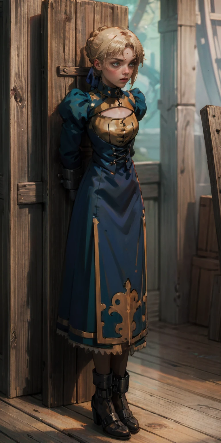 (masterpiece, best quality),  intricate details,
1girl,  phSaber, 
 (standing by wooden pole:1.2),  iron collar, arms behind back,  iron cuffs, shackles, bound,