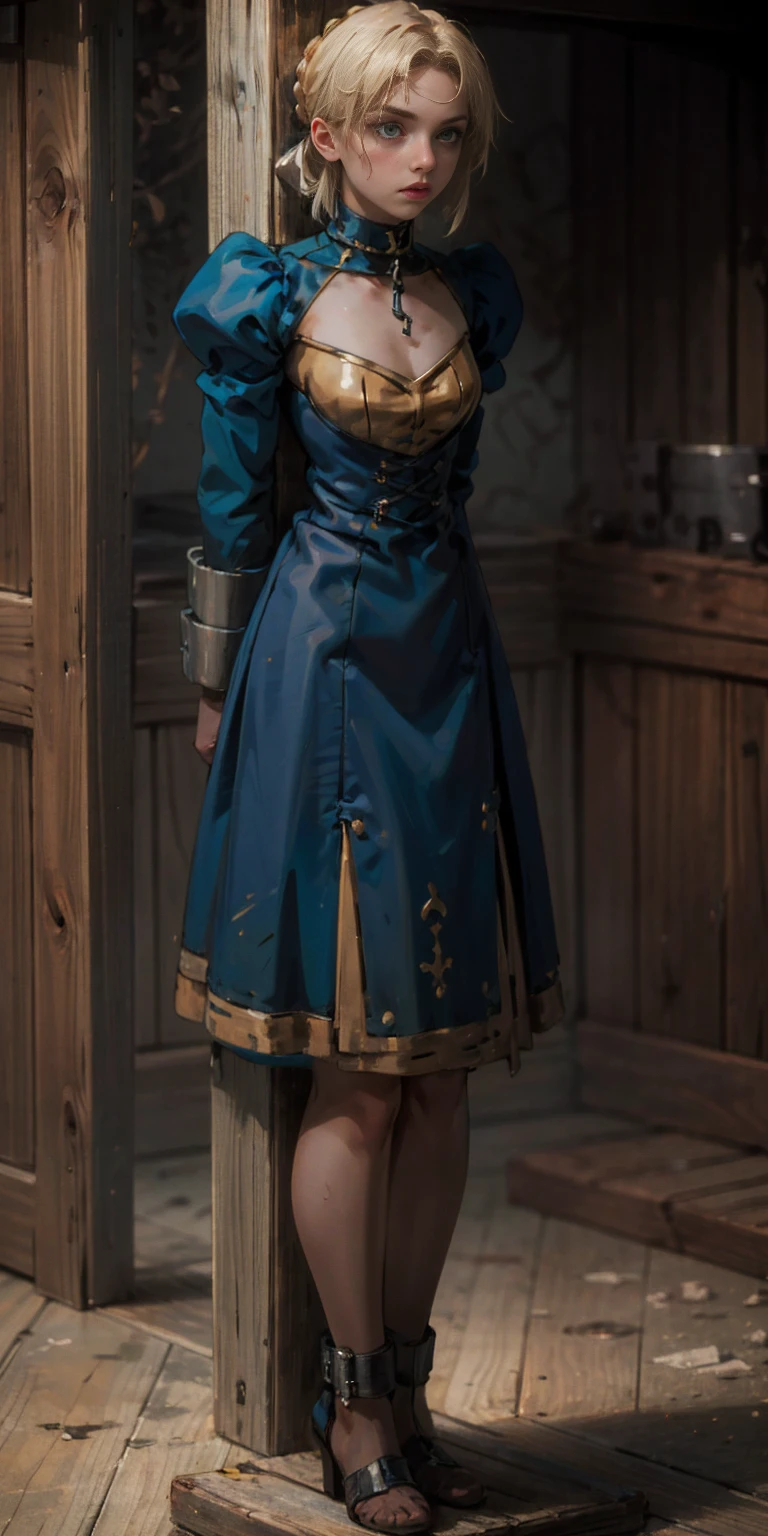 (masterpiece, best quality), intricate details,
1girl, phSaber,
(standing by wooden pole:1.2), iron collar, arms behind back, iron cuffs, shackles, bound,