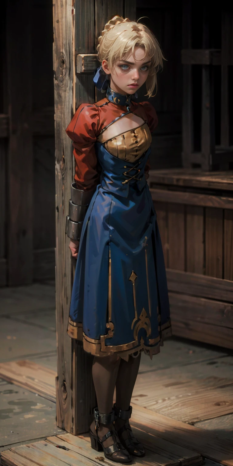 (masterpiece, best quality),  intricate details,
1girl,  phSaber, 
 (standing by wooden pole:1.2),  iron collar, arms behind back,  iron cuffs, shackles, bound,