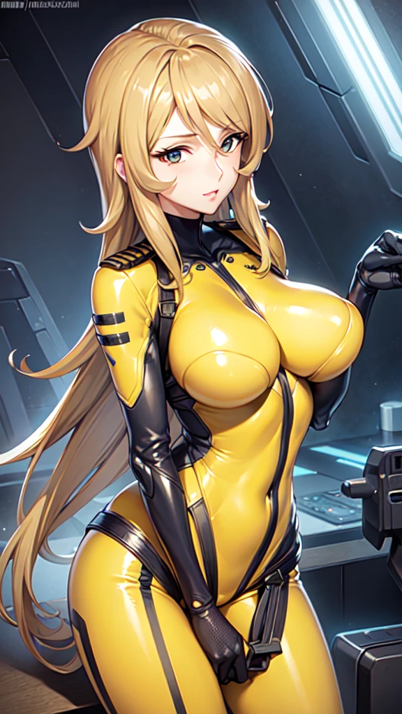 Milf, woman in a futuristic suit, highly detailed face, cool, mom, tomboy, very large breast, (Milf), mature face, (mature female), cybersuit, anime girl wearing tight suit, milfication, Elegant body, navel focus, naked body, gloves, earrings, science fiction, female protagonist, standing, volumetric light, detailed lighting, detailed textures, oppai cyberpunk, biomechanical oppai, masterpiece, best quality eyes, sci-fi background, futuristic landscape, (((yellow body suit))), (chuby)
