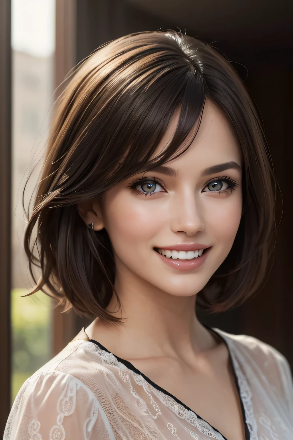 ((masterpiece)), ((Highest quality)), ((Complex)), ((Surreal)), (Realistic), (Mature Woman), ((There are no classes)), Very detailed, (1 female), Beautiful and exquisite, (Beautiful Teeth), Grin, Brunette Bob Hair, Brown eyes, ((blouse)), (Upper Body), (background:none), Perfect Eyes, Captivating eyes, Looking at the audience