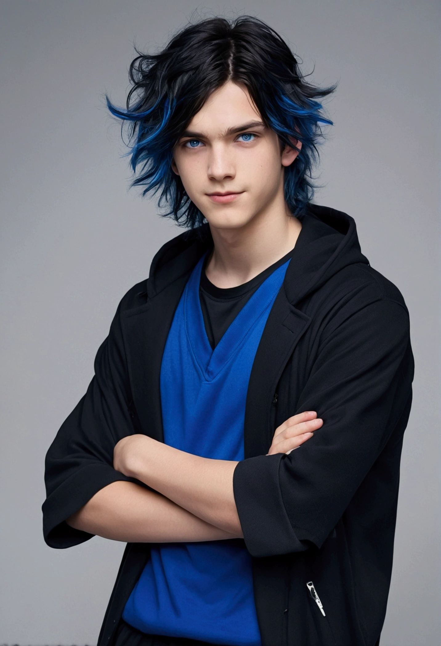 age boy, Messy hair, long hair, multicolored blue and black hair, crossed arms, blue and black eyes, heterochromia, Simple smile, serious face, black jersey, dark blue detailed and wide short-sleeved overcoat, detailed black pants, black sneakers, electric aura around the character