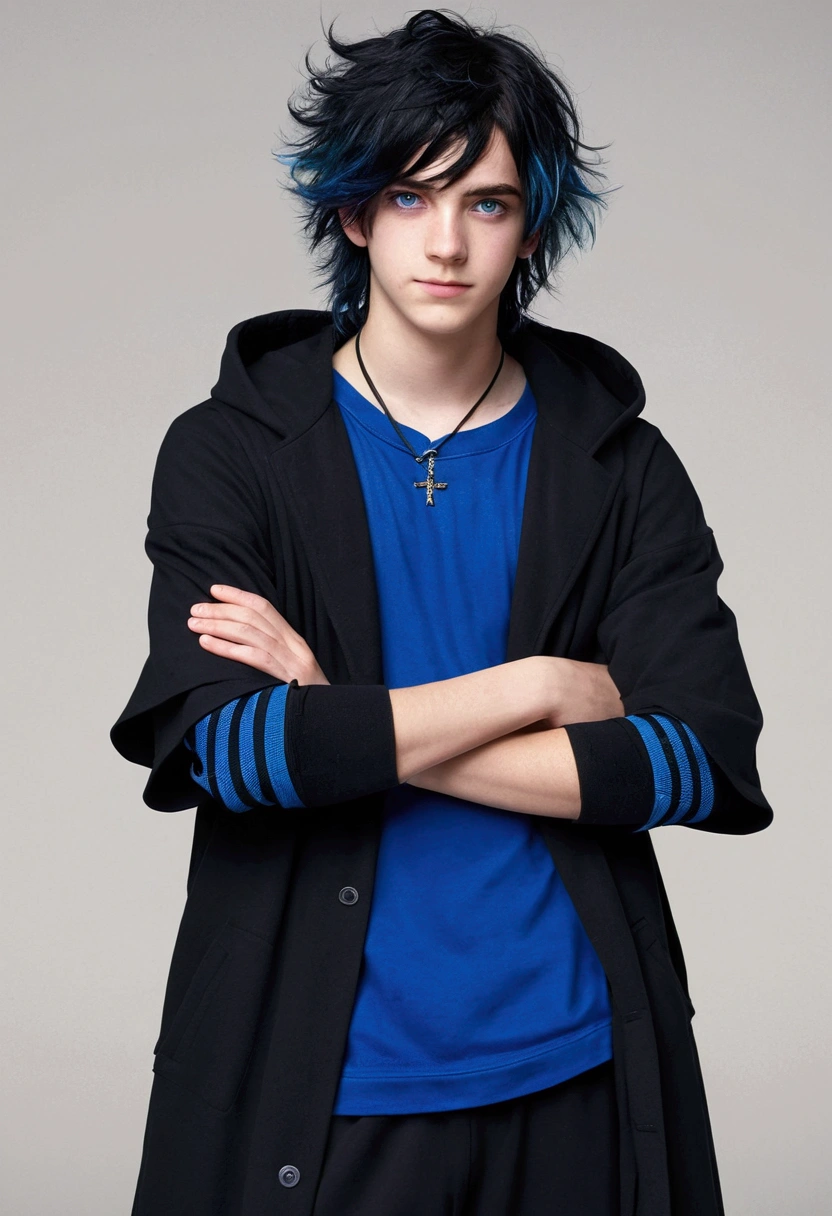 Teenage boy, Messy hair, long hair, multicolored blue and black hair, crossed arms, blue and black eyes, heterochromia, Simple smile, serious face, black jersey, dark blue detailed and wide short-sleeved overcoat, detailed black pants, black sneakers, electric aura around the character