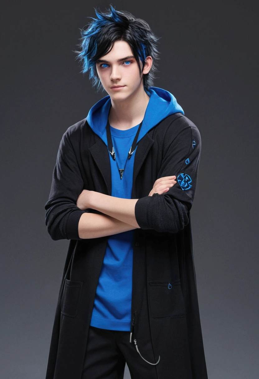 Teenage boy, Messy hair, long hair, multicolored blue and black hair, crossed arms, blue and black eyes, heterochromia, Simple smile, serious face, black jersey, dark blue detailed and wide short-sleeved overcoat, detailed black pants, black sneakers, electric aura around the character
