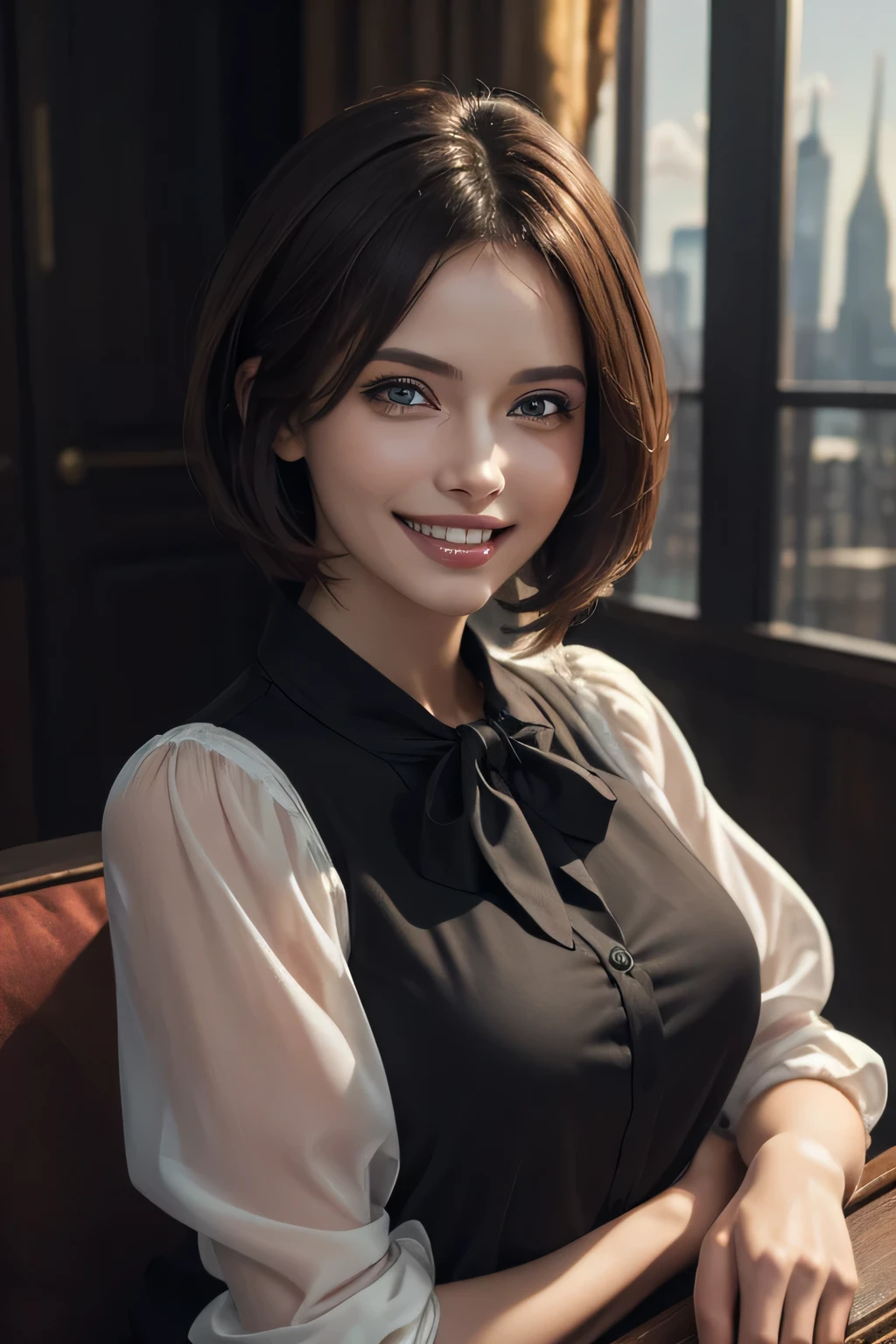 ((masterpiece)), ((Highest quality)), ((Complex)), ((Surreal)), (Realistic), (Mature Woman), ((There are no classes)), Very detailed, (1 female), Beautiful and exquisite, (Beautiful Teeth), Grin, Brunette Bob Hair, Brown eyes, ((blouse)), (Upper Body), (background:none), Perfect Eyes, Captivating eyes, Looking at the audience