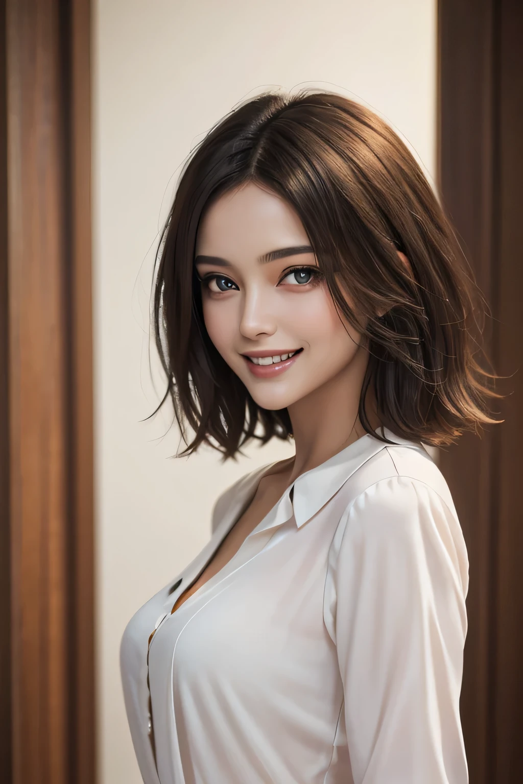 ((masterpiece)), ((Highest quality)), ((Complex)), ((Surreal)), (Realistic), (Mature Woman), ((There are no classes)), Very detailed, (1 female), Beautiful and exquisite, (Beautiful Teeth), Grin, Brunette Bob Hair, Brown eyes, ((blouse)), (Upper Body), (background:none), Perfect Eyes, Captivating eyes, Looking at the audience