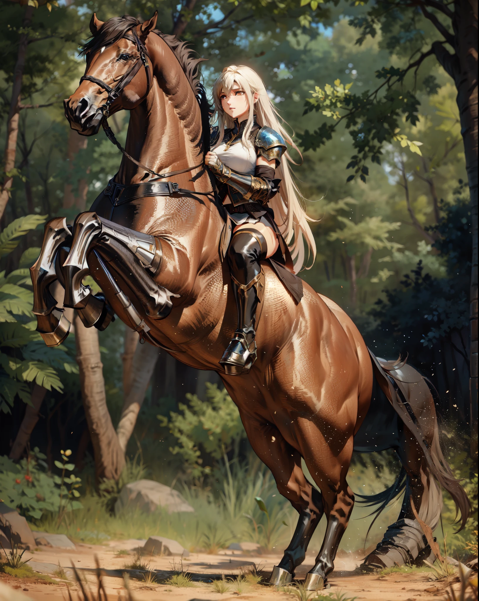 ((best quality)), ((anime masterpiece)), (high detailed), 8k, cinematic lighting, realistic, HDR, vivid color, a female knight riding a BROWN HORSE, long hair, {brunette}, medium breast, (white armor, black gauntlet, black miniskirt, black boots), forest, anatomically correct