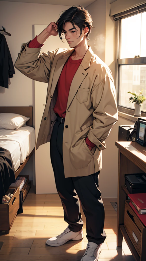 A working adult who wakes up in the morning and gets ready efficiently