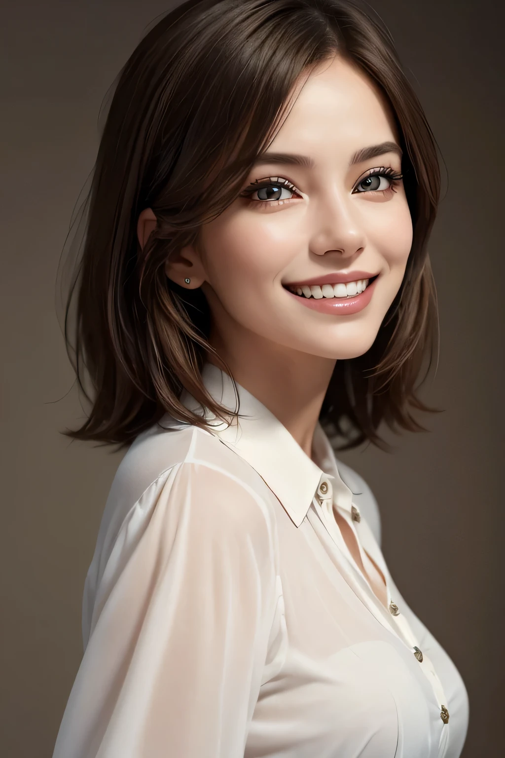 ((masterpiece)), ((Highest quality)), ((Complex)), ((Surreal)), (Realistic), (Mature Woman), ((There are no classes)), Very detailed, (1 female), Beautiful and exquisite, (Beautiful Teeth), Grin, Brunette Bob Hair, Brown eyes, ((blouse)), (Upper Body), (background:none), Perfect Eyes, Captivating eyes, Looking at the audience