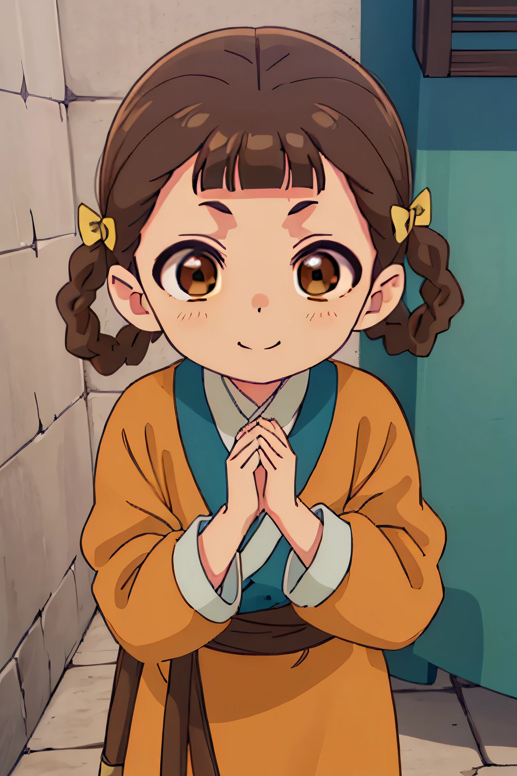 kusuriyaXiaolan, Xiaolan, bangs, Brown Hair, hair ornaments, (Brown eyes:1.3), Braiding, Hair Ring, smile,
break japanese clothes, Robe, orange Robe, Long sleeve, skirt, white skirt,
break outdoors,
break looking at viewer, (Cowboy Shot:1.5),
break (masterpiece:1.2), Highest quality, High resolution, unity 8k wallpaper, (figure:0.8), (Beautiful attention to detail:1.6), Highly detailed face, Perfect lighting, Highly detailed CG, (Perfect hands, Perfect Anatomy),