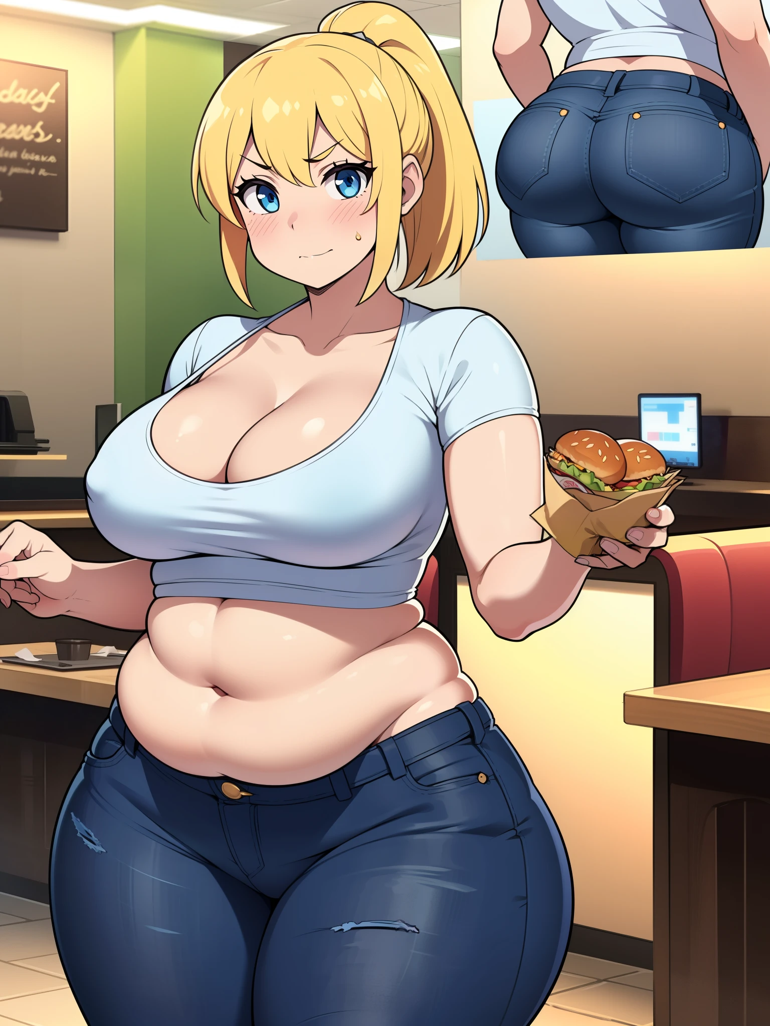 ((Masterpiece)), perfect anatomy, perfect shading, field of depth, (best quality), extremely delicate and beautiful, perfect lighting, detailed face, ultra cute face, cute, ((1girl)), ((solo))
short fluffy blonde hair, ponytail, blue eyes, ((blush)), nervous, looking at viewer, crop top, jeans, cleavage, large breasts, ((thick thighs)), (wide hips), plump, chubby belly, belly hang, fat folds
intricate background, detailed background, fast food restaurant,