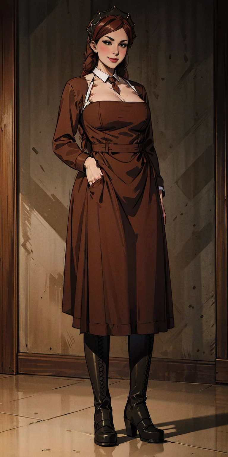 full body standing straight symmetrical, lustful smirking smile face red blush red cheeks, looking at viewer, holding tray, braid, maid headdress, maid, dress, apron, long sleeves, brown pantyhose, long leather militar boots, thighs, long white hair, masterpiece