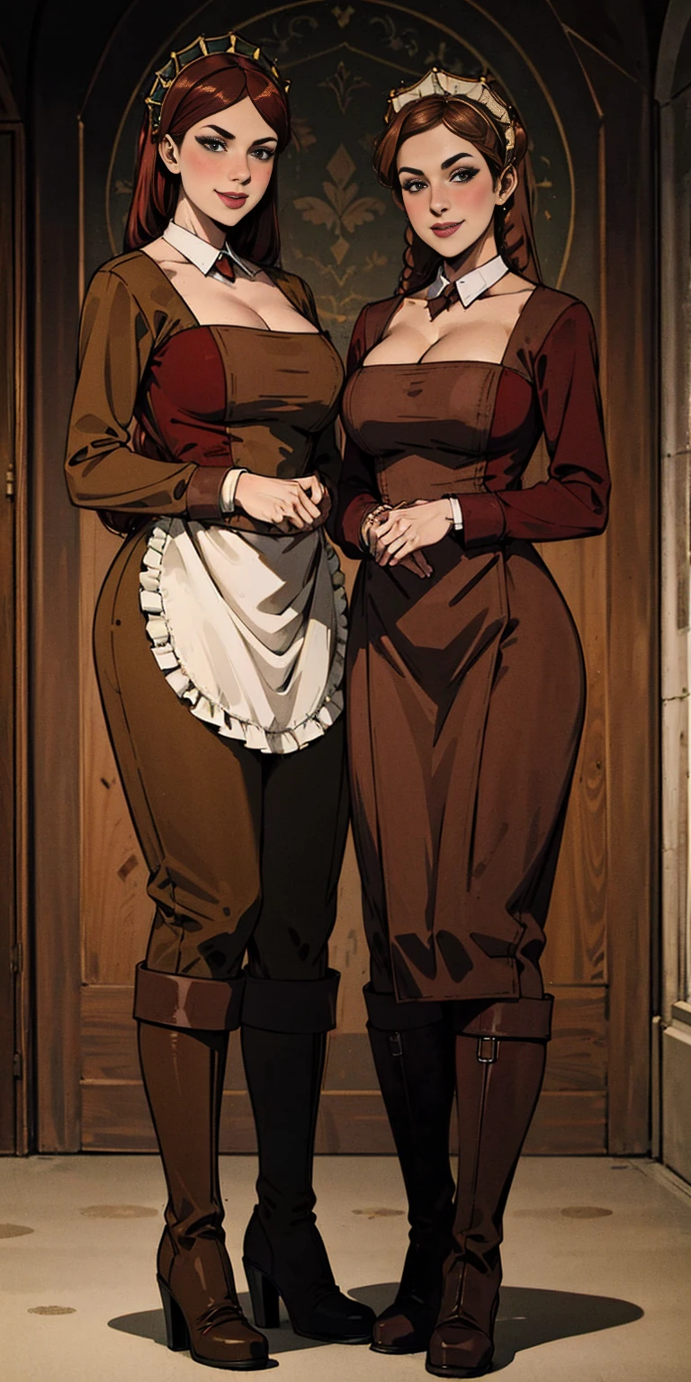 full body standing straight symmetrical, lustful smirking smile face red blush red cheeks, looking at viewer, holding tray, braid, maid headdress, maid, dress, apron, long sleeves, brown pantyhose, long leather militar boots, thighs, long white hair, masterpiece