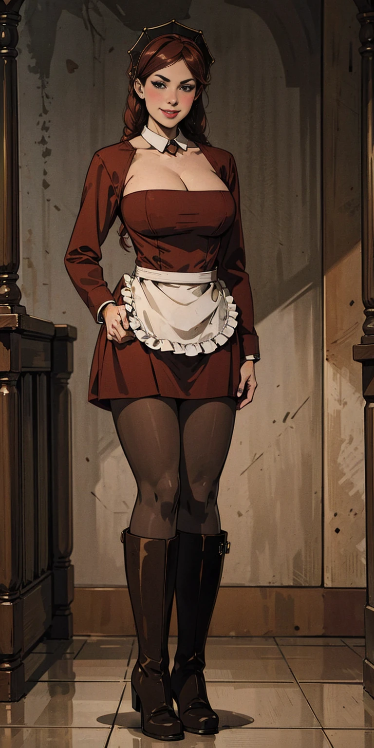 full body standing straight symmetrical, lustful smirking smile face red blush red cheeks, looking at viewer, holding tray, braid, maid headdress, maid, dress, apron, long sleeves, brown pantyhose, long leather militar boots, thighs, long white hair, masterpiece