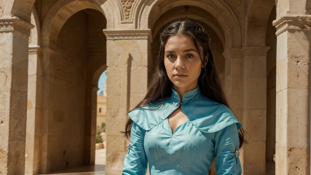Uma princesa de 20 anos na época Mediovale, Long light blue detailed dress, Detailed green eye whites, dark hair, Reino Mediovale , located in a desert, Mediovale, kingdom of Dorne from Game of thrones (TV series), reino Mediovale,high détail, sharp focus, dramatic, Alcazar Palace in Seville, realisitic