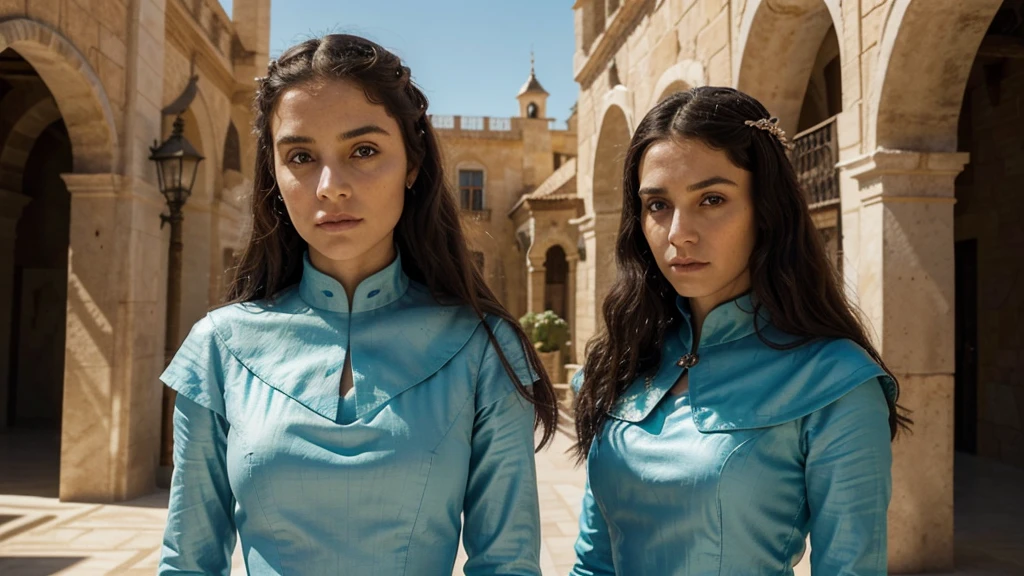 Uma princesa de 20 anos na época Mediovale, Long light blue detailed dress, Detailed green eye whites, dark hair, Reino Mediovale , located in a desert, Mediovale, kingdom of Dorne from Game of thrones (TV series), reino Mediovale,high détail, sharp focus, dramatic, Alcazar Palace in Seville, realisitic