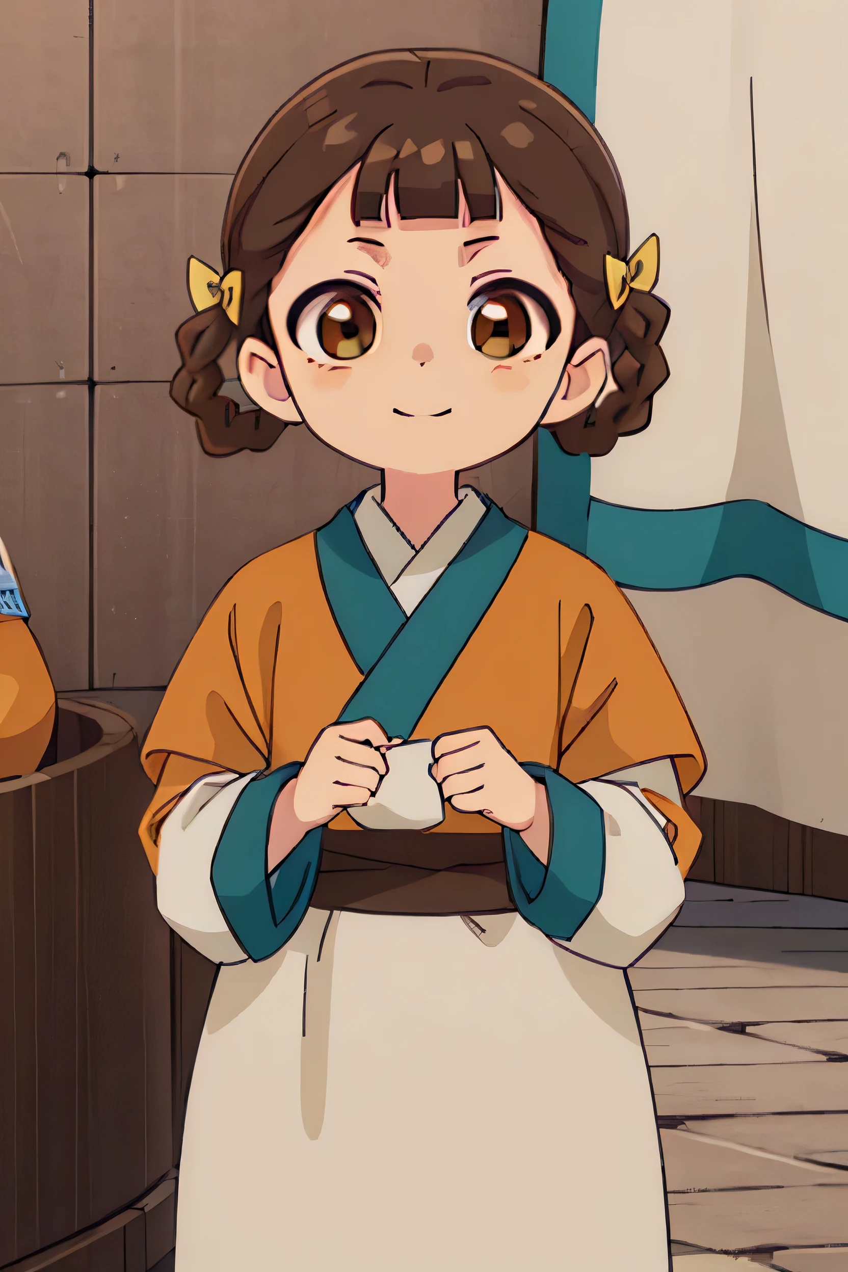 kusuriyaXiaolan, Xiaolan, bangs, Brown Hair, hair ornaments, (Brown eyes:1.3), Braiding, Hair Ring, smile,
break japanese clothes, Robe, orange Robe, Long sleeve, skirt, white skirt,
break outdoors,
break looking at viewer, (Cowboy Shot:1.5),
break (masterpiece:1.2), Highest quality, High resolution, unity 8k wallpaper, (figure:0.8), (Beautiful attention to detail:1.6), Highly detailed face, Perfect lighting, Highly detailed CG, (Perfect hands, Perfect Anatomy),