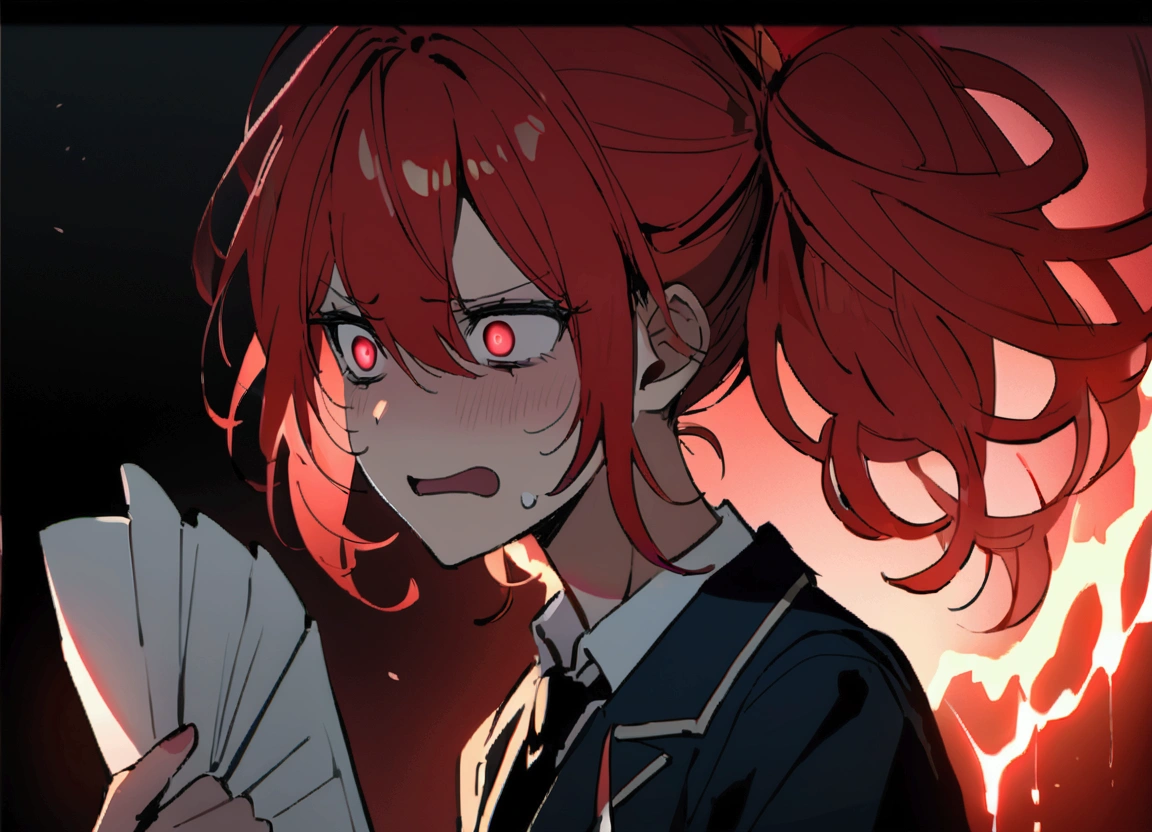 Red hair, school blazer, holding a white paper, desperate face,.