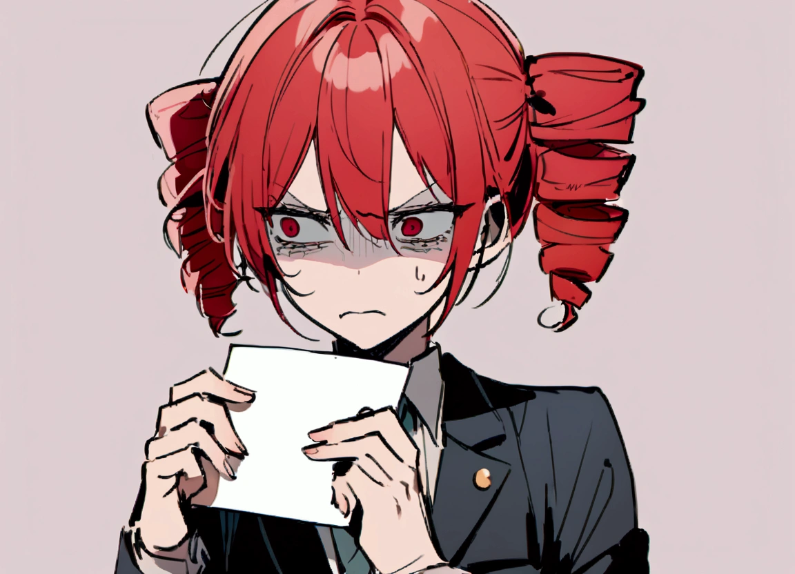 Red hair, school blazer, holding a white paper, desperate face,.