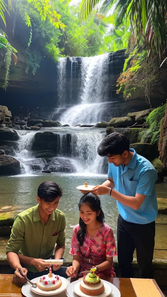 A man the name is Sagar his small sister architha, his small sister celebrating brother's birthday by cutting cake, the background is in the Nature full of waterfall, they warning tea shirts print brother name is Sagar sister name is Architha, upon the cake write happy birthday Sagar