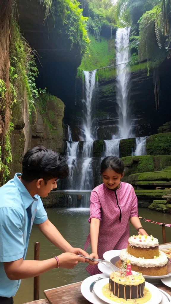 A man the name is Sagar his small sister architha, his small sister celebrating brother's birthday by cutting cake, the background is in the Nature full of waterfall, they warning tea shirts print brother name is Sagar sister name is Architha, upon the cake write happy birthday Sagar