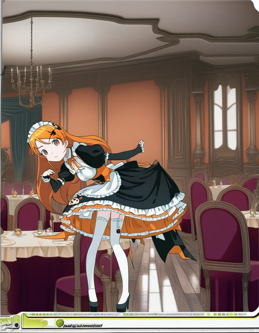 pretty maid girl dressed in a halloween outfit, in the style of anime art, light orange and dark black, indoors, Gorgeous banquet hall, white thighhighs, platform heels, orange and black, gothic style dress, vintage rococo style dress, --ar 9:16