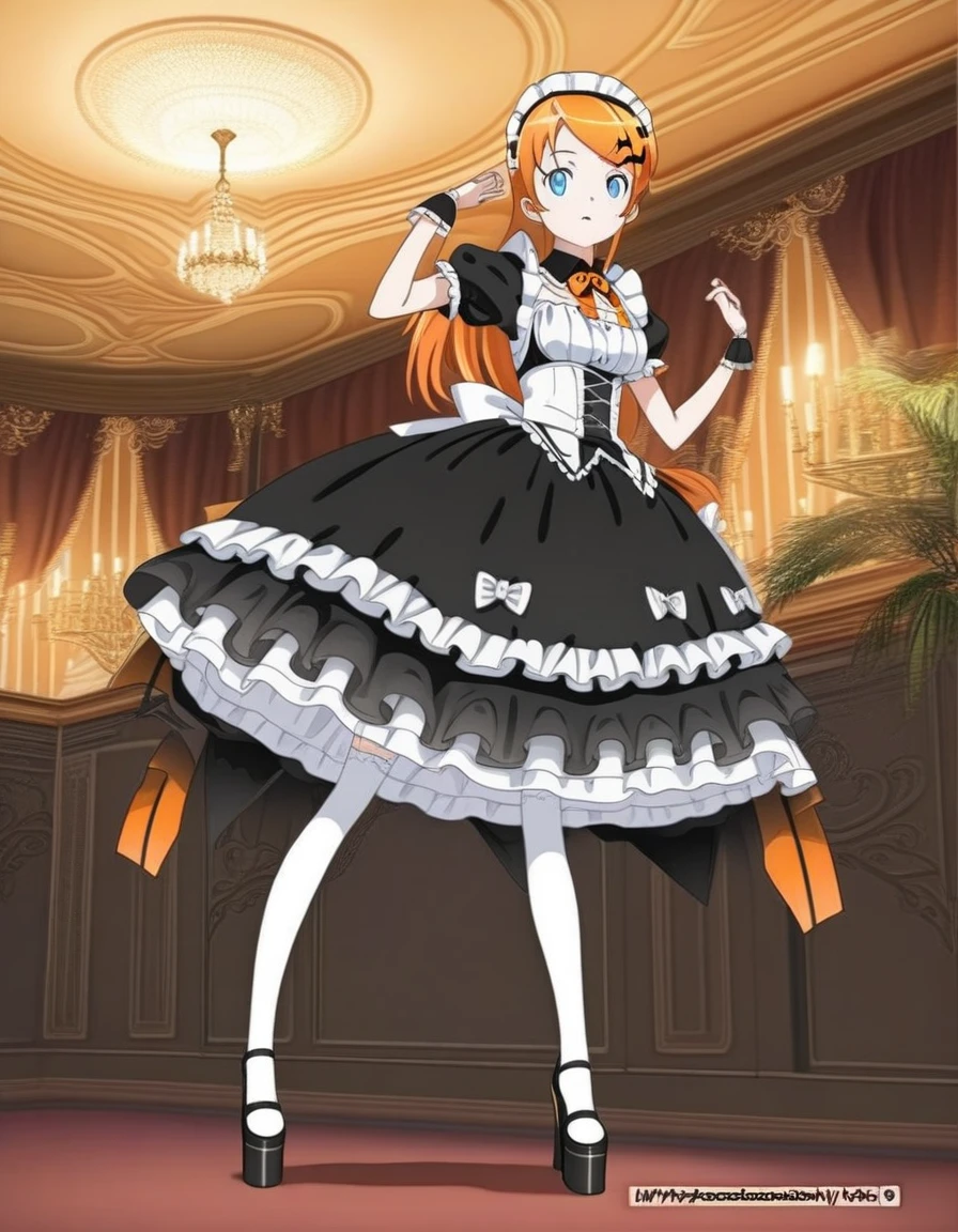pretty maid girl dressed in a halloween outfit, in the style of anime art, light orange and dark black, indoors, Gorgeous banquet hall, white thighhighs, platform heels, orange and black, gothic style dress, vintage rococo style dress, --ar 9:16