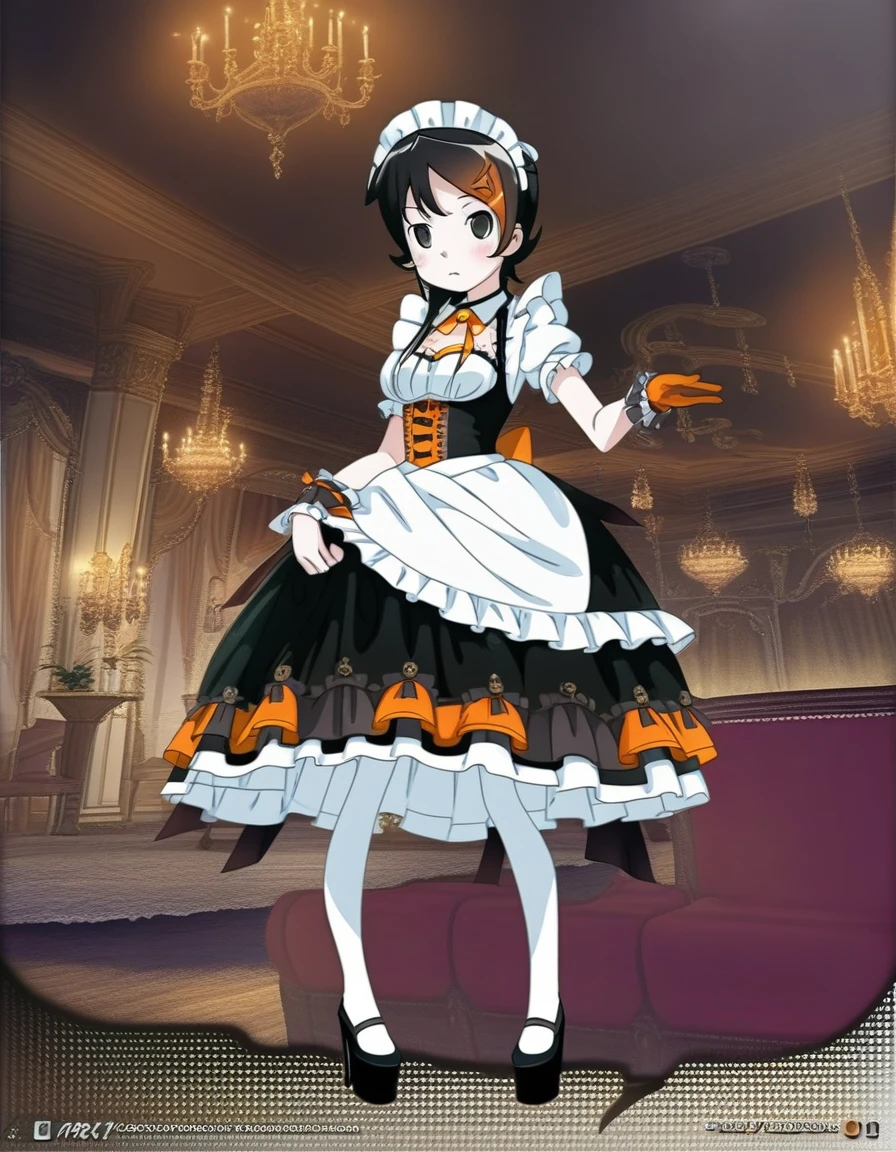 pretty maid girl dressed in a halloween outfit, in the style of anime art, light orange and dark black, indoors, Gorgeous banquet hall, white thighhighs, platform heels, orange and black, gothic style dress, vintage rococo style dress, --ar 9:16